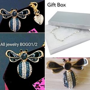 Gold plated blue and white crystal bumblebee necklace/brooch